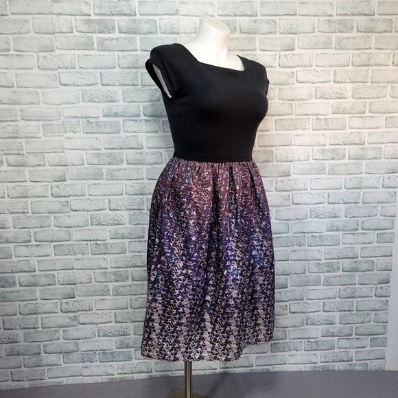 Mixt By Heidi Weisel Womens L Black Knit Square‎ Neck Tafatta Dress *no Belt* - Picture 4 of 8